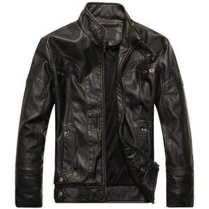 Men's Faux Leather Jacket Vintage Stand Collar Motorcycle PU Leather